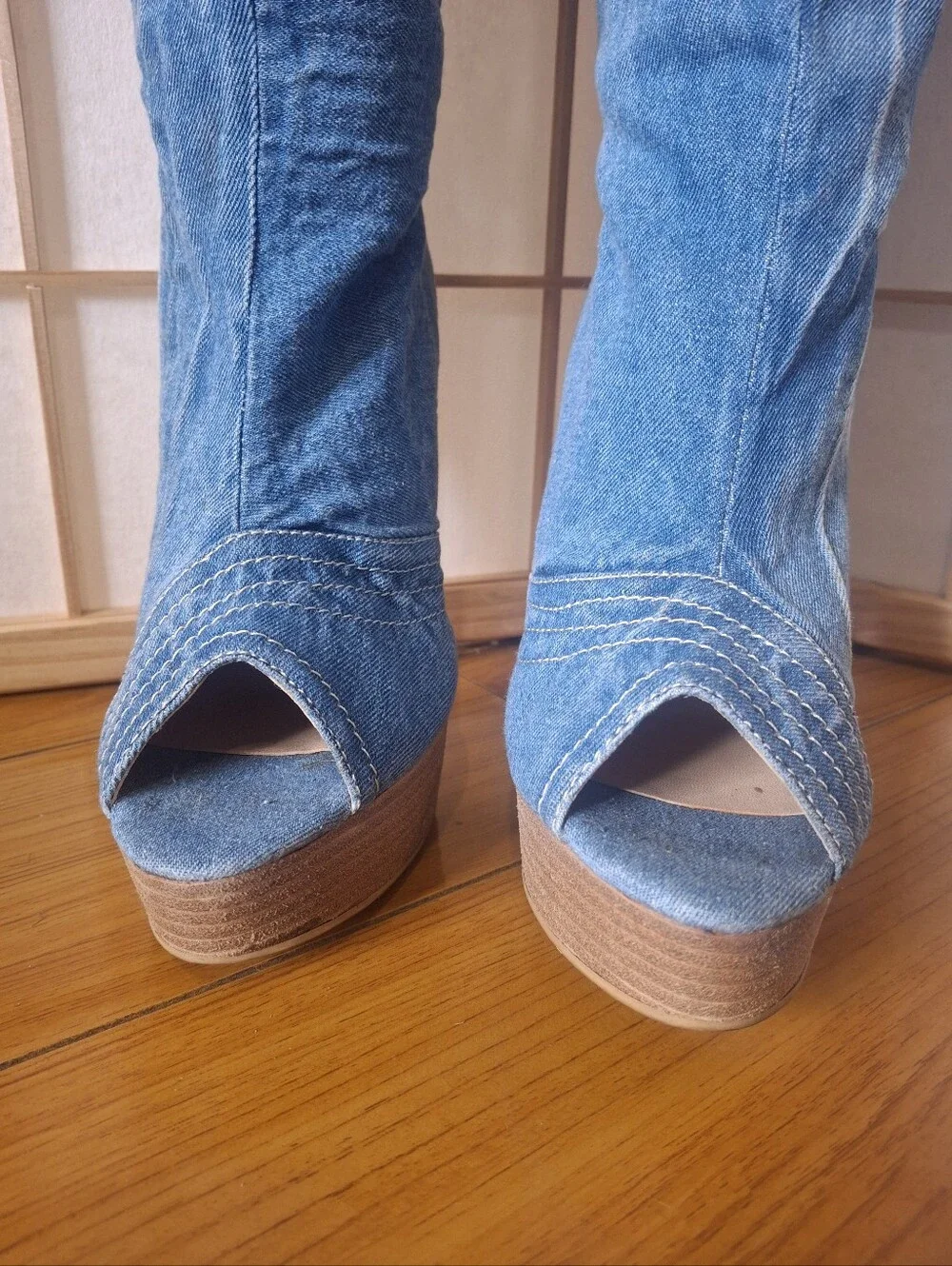 Denim Over-the-Knee Peep-Toe Denim Boots
